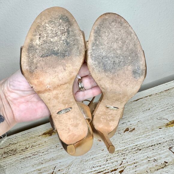 Badgley Mischka Gold Leather Rhinestone Embellished Strappy Pumps 6 - Picture 9 of 11